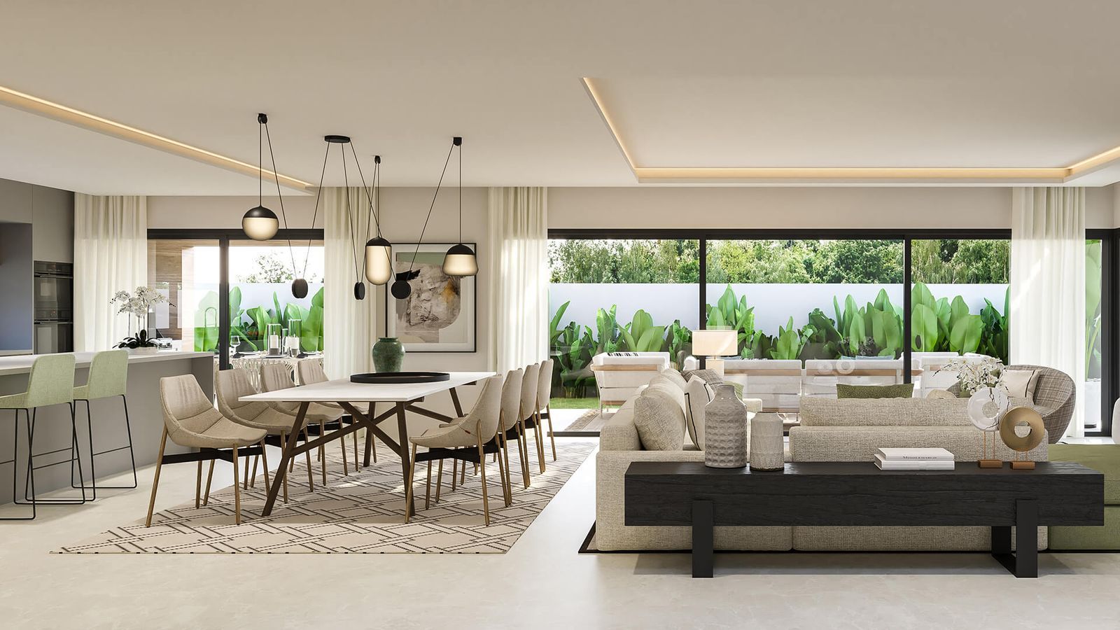 Modern interieur van een Bali villa met open keuken en woonkamer.